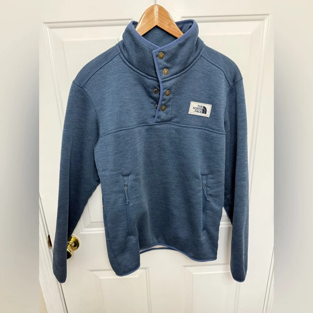 Men’s Blue North Face Pullover Sherpa Jacket With Quarter Snap Buttons Size S - Picture 1 of 6